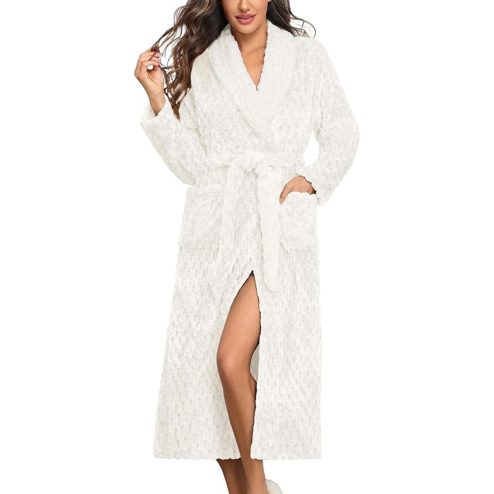imageEkouaer Womens Robe Long Plush Soft Bathrobe Jacquard Color Block Robes Shawl Collar Sleepwear with Pockets SXXLWhite