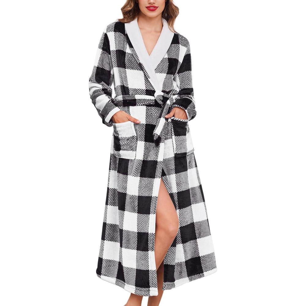 imageEkouaer Womens Robe Long Plush Soft Bathrobe Jacquard Color Block Robes Shawl Collar Sleepwear with Pockets SXXLWhite Black Plaid