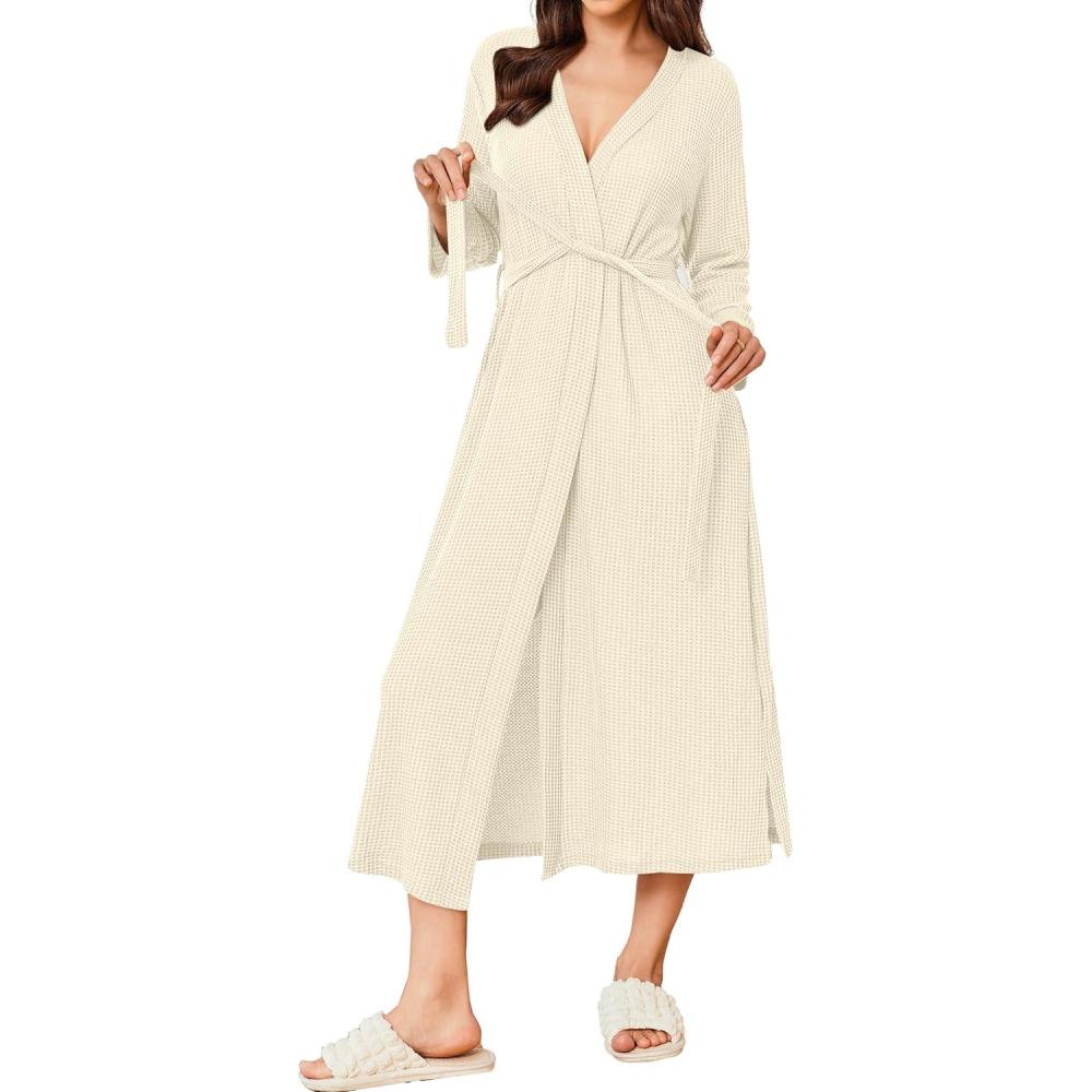 imageEkouaer Womens Robe Long Waffle Knit Bathrobe Lightweight Soft Kimono Robes Loungewear SXXLBeige