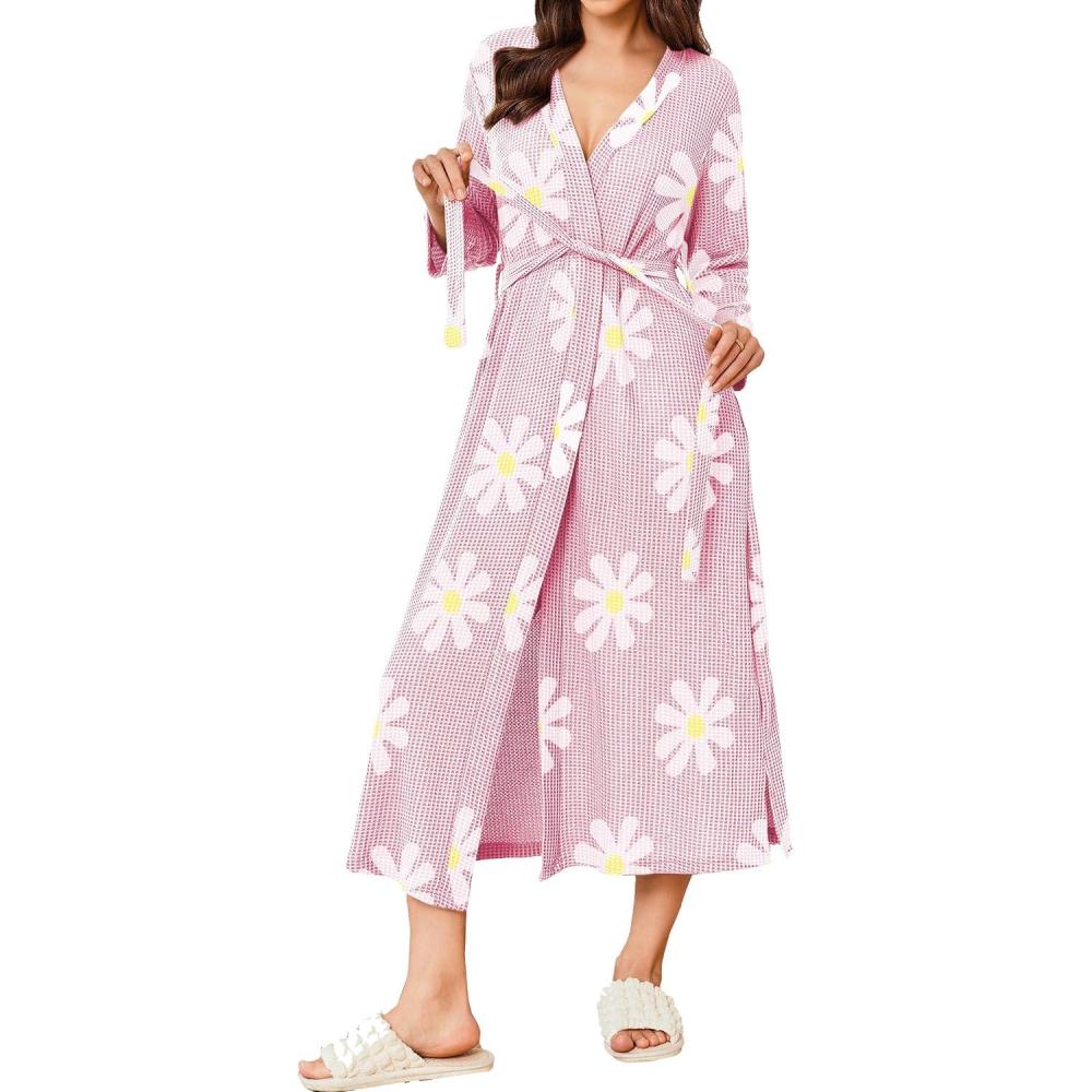 imageEkouaer Womens Robe Long Waffle Knit Bathrobe Lightweight Soft Kimono Robes Loungewear SXXLBig Wafflefloral Pink