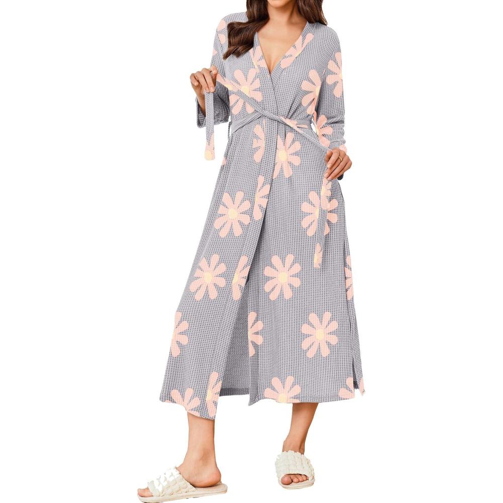 imageEkouaer Womens Robe Long Waffle Knit Bathrobe Lightweight Soft Kimono Robes Loungewear SXXLBig Wafflefloral Purple