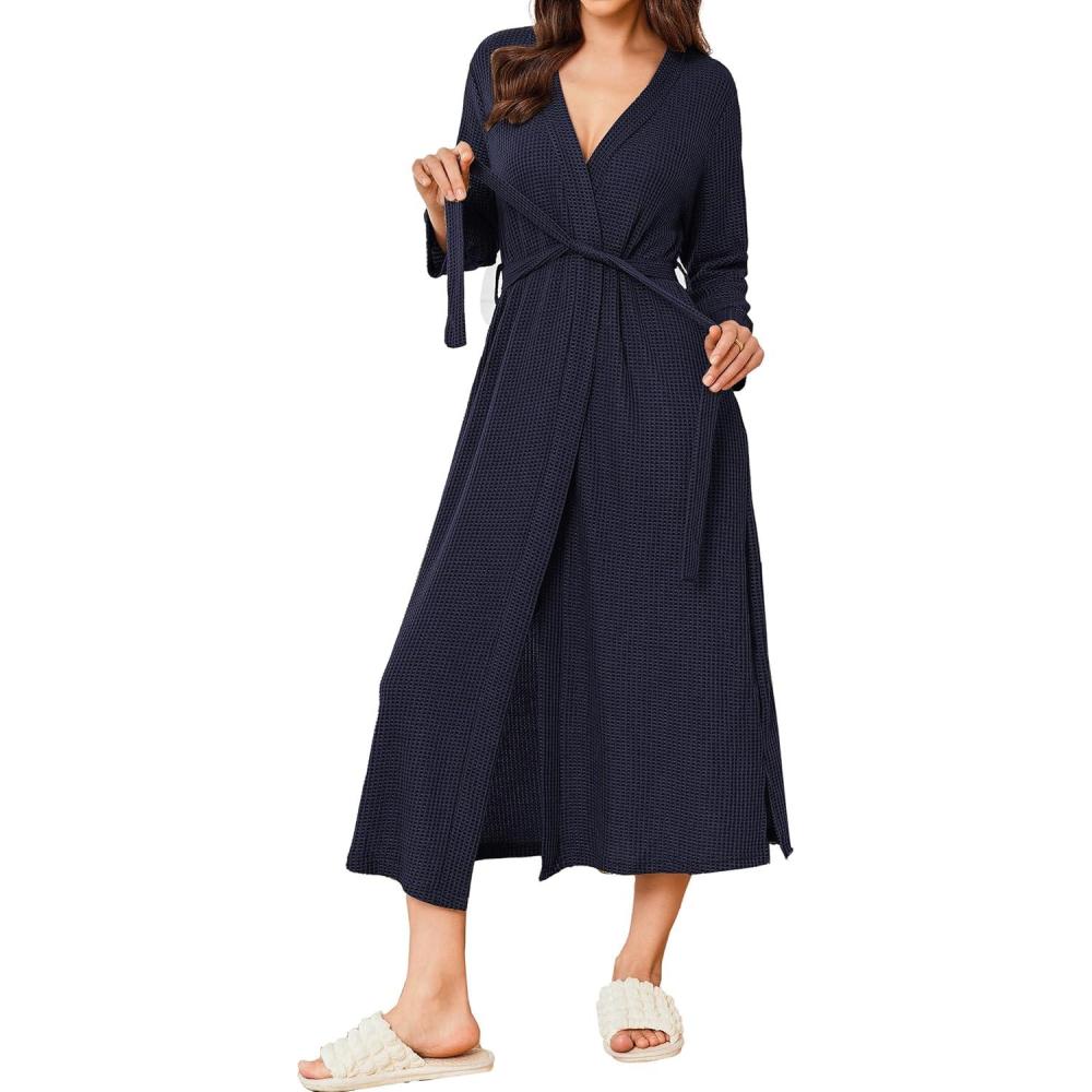 imageEkouaer Womens Robe Long Waffle Knit Bathrobe Lightweight Soft Kimono Robes Loungewear SXXLBig Wafflenavy Blue