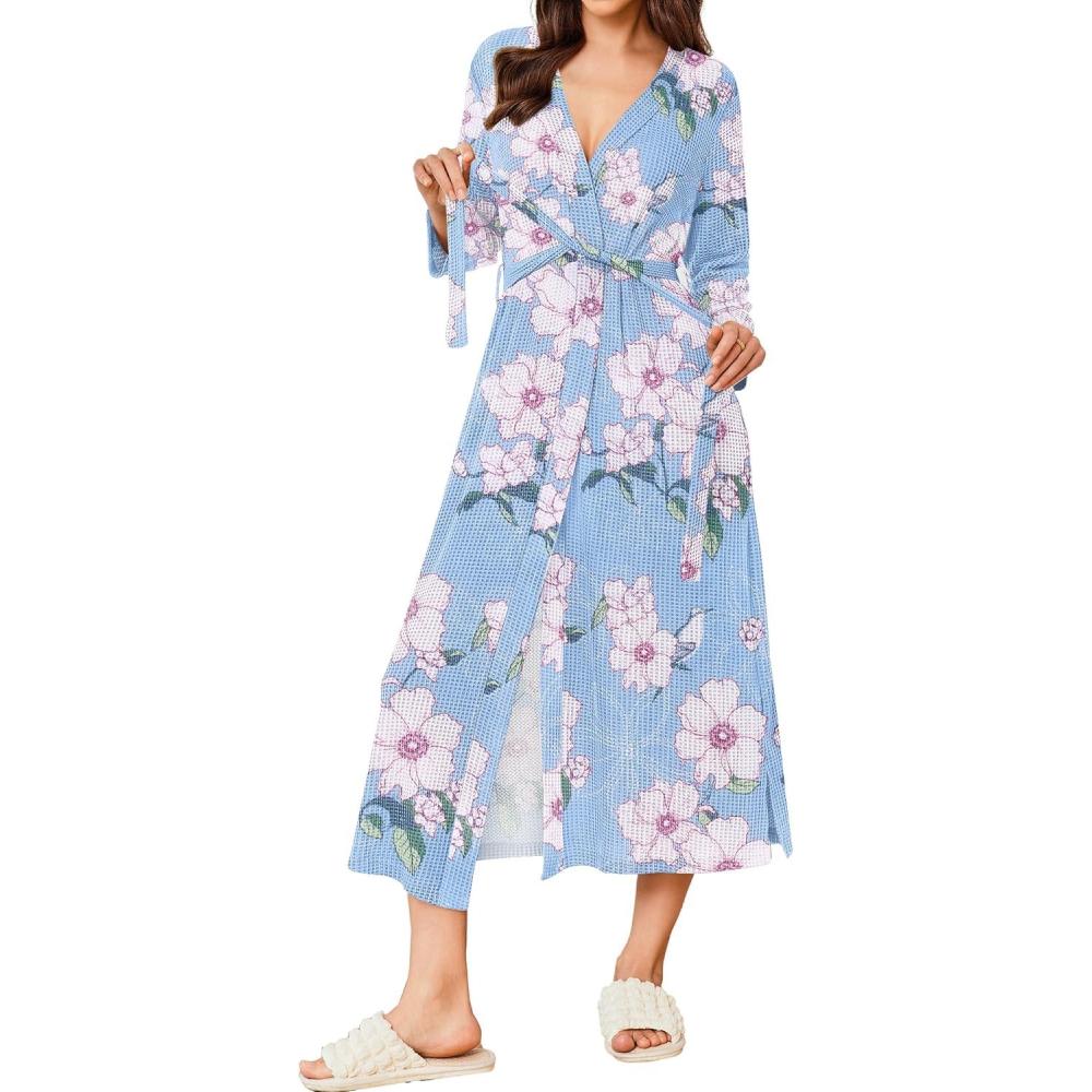 imageEkouaer Womens Robe Long Waffle Knit Bathrobe Lightweight Soft Kimono Robes Loungewear SXXLFloral Pink Blue
