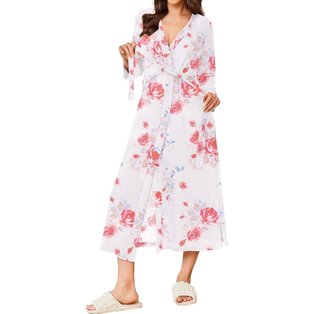 imageEkouaer Womens Robe Long Waffle Knit Bathrobe Lightweight Soft Kimono Robes Loungewear SXXLFloral White Red