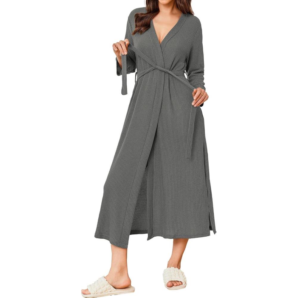 imageEkouaer Womens Robe Long Waffle Knit Bathrobe Lightweight Soft Kimono Robes Loungewear SXXLSmall Waffledark Grey