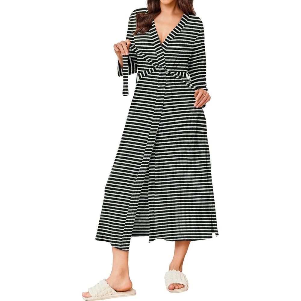 imageEkouaer Womens Robe Long Waffle Knit Bathrobe Lightweight Soft Kimono Robes Loungewear SXXLWhite Stripe