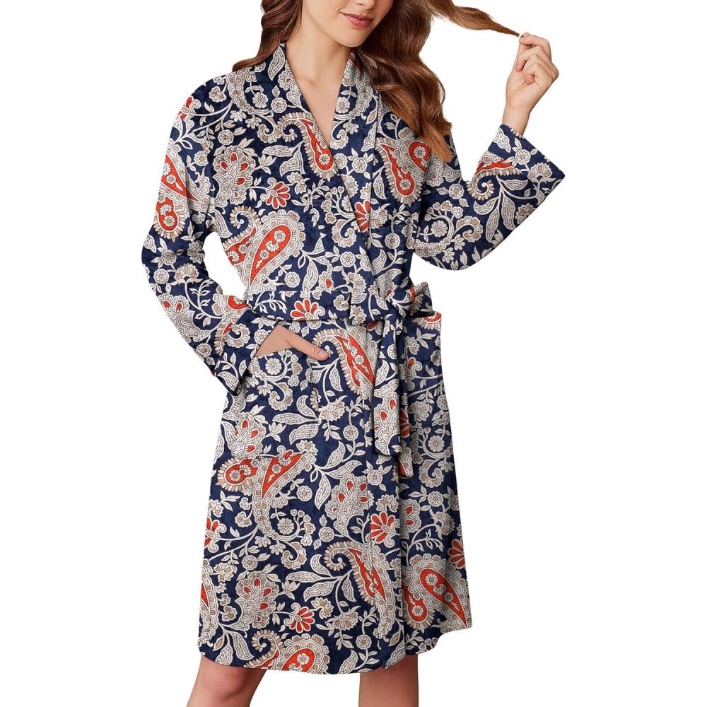 imageEkouaer Womens Velour Bathrobe Knee Length Warm Plush Long Sleeve Lounge RobeNavy Blue Paisley