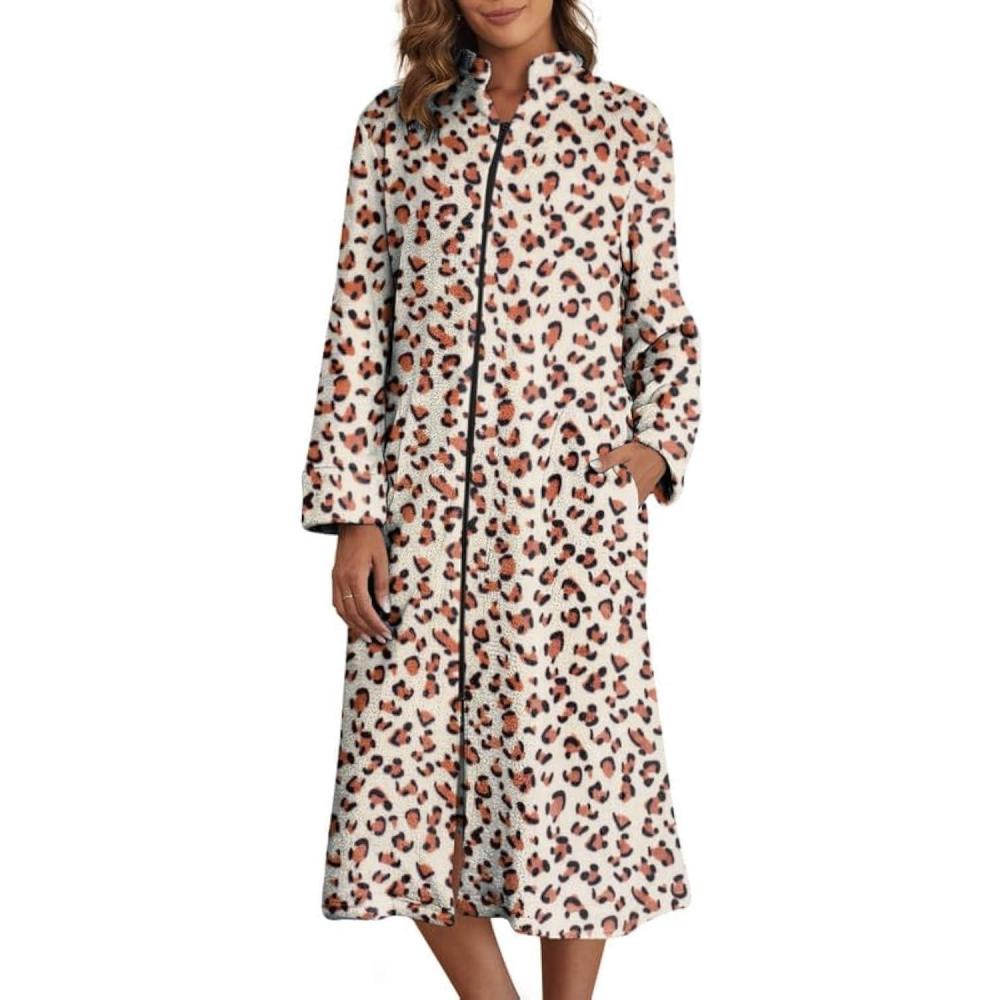 imageEkouaer Womens Zip Up Robe Fleece Bathrobe Long Zipper Lounger Warm Housecoat Long Sleeve Nightgown with Pockets Red Stars Large