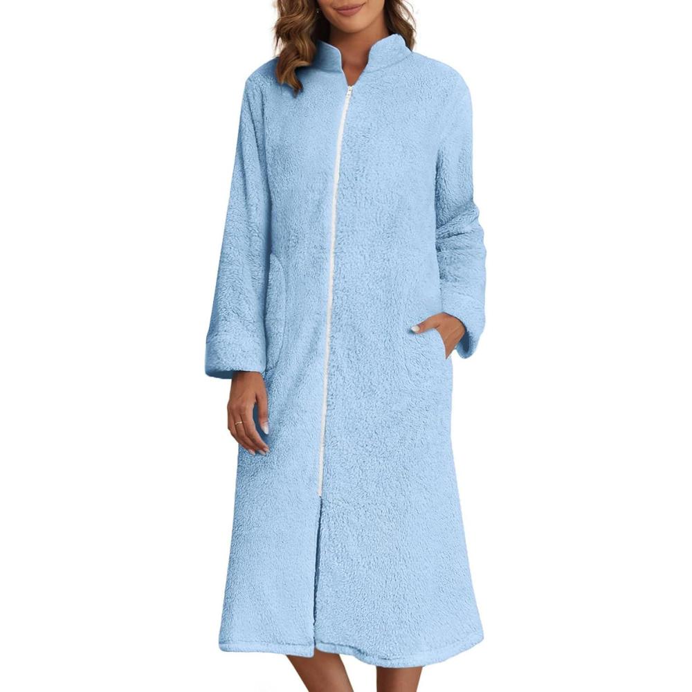 imageEkouaer Womens Zip Up Robe Fleece Bathrobe Long Zipper Lounger Warm Housecoat Long Sleeve Nightgown with Pockets SXXLBaby Blue
