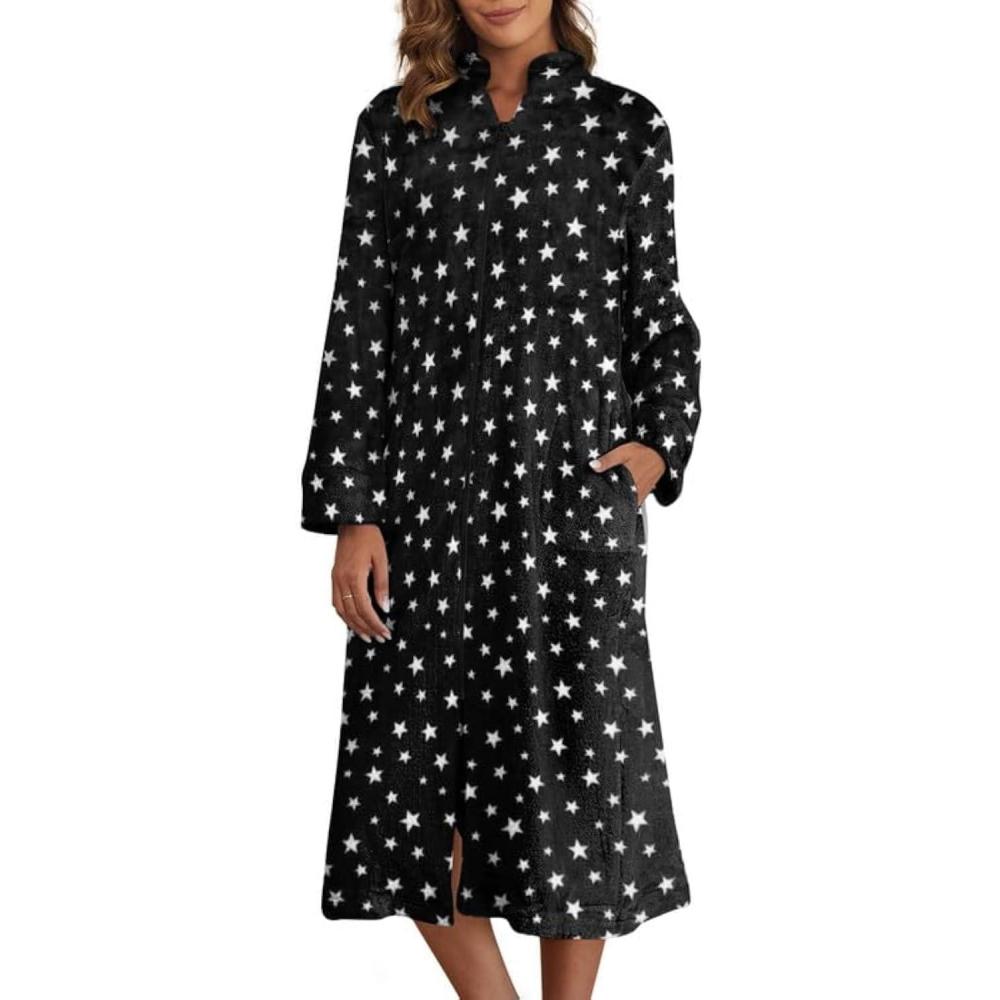imageEkouaer Womens Zip Up Robe Fleece Bathrobe Long Zipper Lounger Warm Housecoat Long Sleeve Nightgown with Pockets SXXLBlack Stars