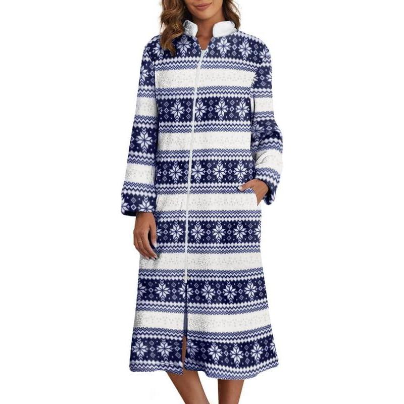 imageEkouaer Womens Zip Up Robe Fleece Bathrobe Long Zipper Lounger Warm Housecoat Long Sleeve Nightgown with Pockets SXXLBlue Snowflake