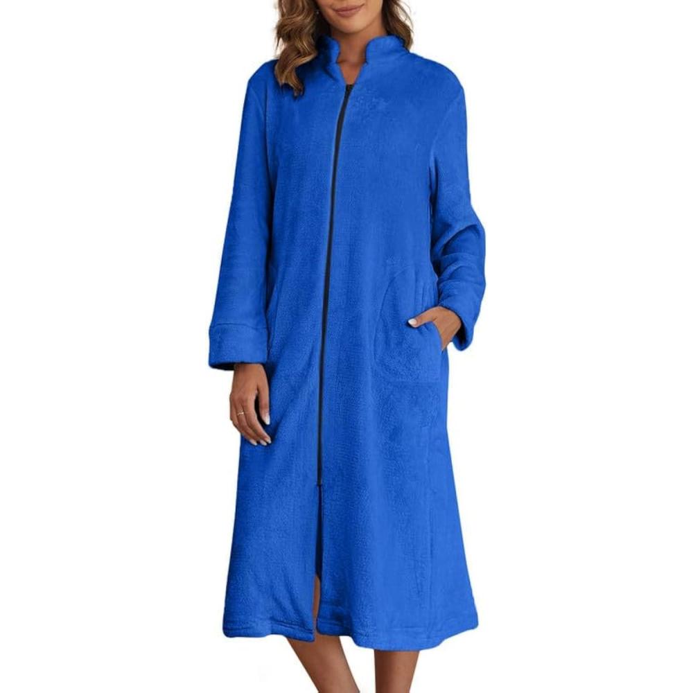 imageEkouaer Womens Zip Up Robe Fleece Bathrobe Long Zipper Lounger Warm Housecoat Long Sleeve Nightgown with Pockets SXXLDeep Sky Blue