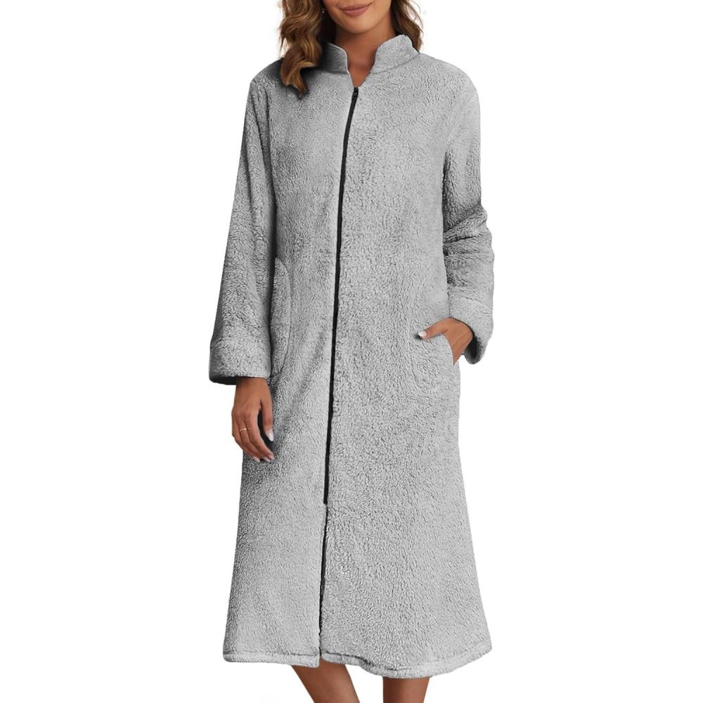 imageEkouaer Womens Zip Up Robe Fleece Bathrobe Long Zipper Lounger Warm Housecoat Long Sleeve Nightgown with Pockets SXXLGrey