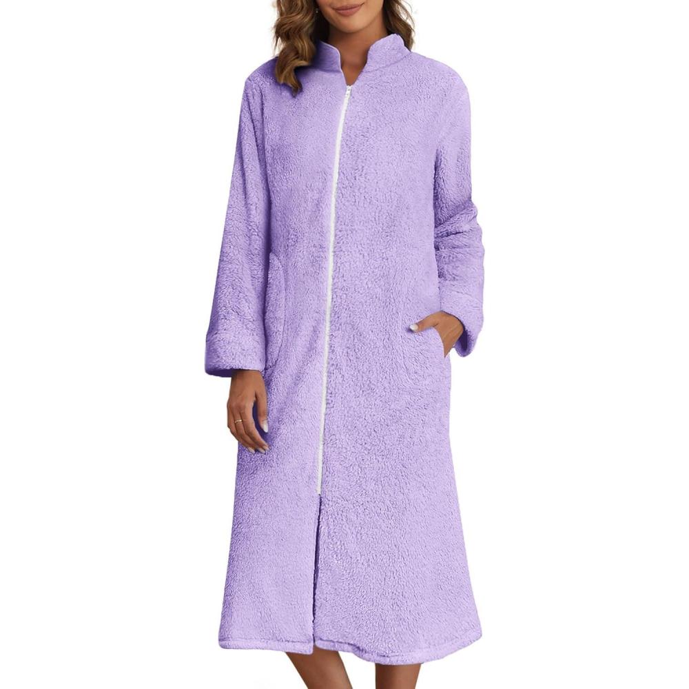 imageEkouaer Womens Zip Up Robe Fleece Bathrobe Long Zipper Lounger Warm Housecoat Long Sleeve Nightgown with Pockets SXXLLilac