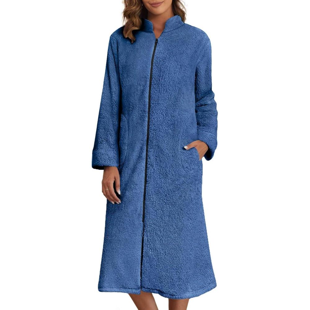 imageEkouaer Womens Zip Up Robe Fleece Bathrobe Long Zipper Lounger Warm Housecoat Long Sleeve Nightgown with Pockets SXXLNavy Blue