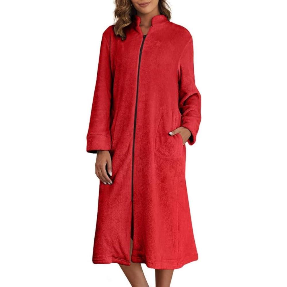 imageEkouaer Womens Zip Up Robe Fleece Bathrobe Long Zipper Lounger Warm Housecoat Long Sleeve Nightgown with Pockets SXXLRed