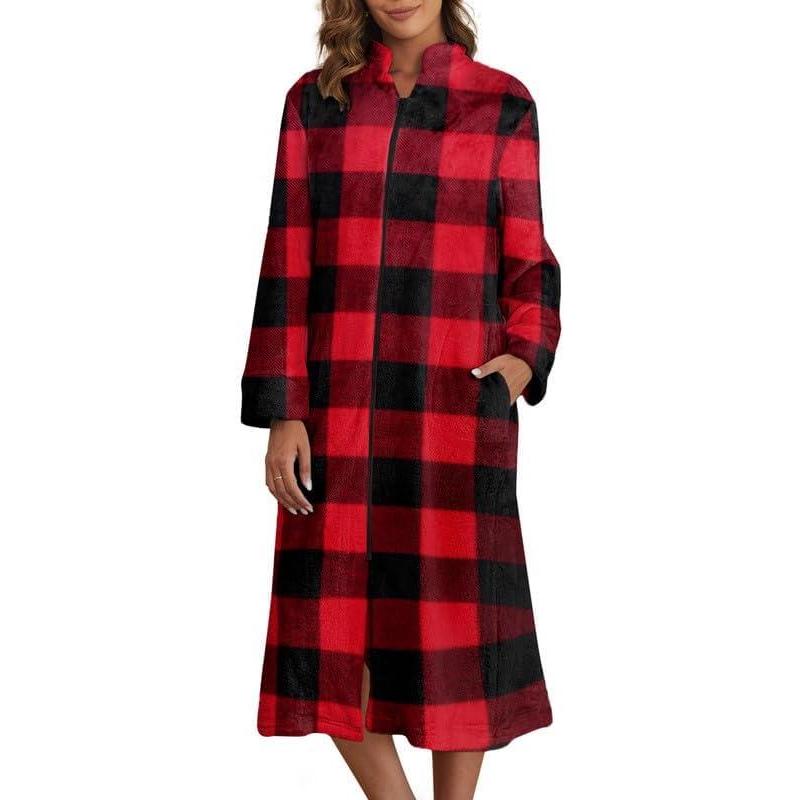imageEkouaer Womens Zip Up Robe Fleece Bathrobe Long Zipper Lounger Warm Housecoat Long Sleeve Nightgown with Pockets SXXLRed Black Plaid
