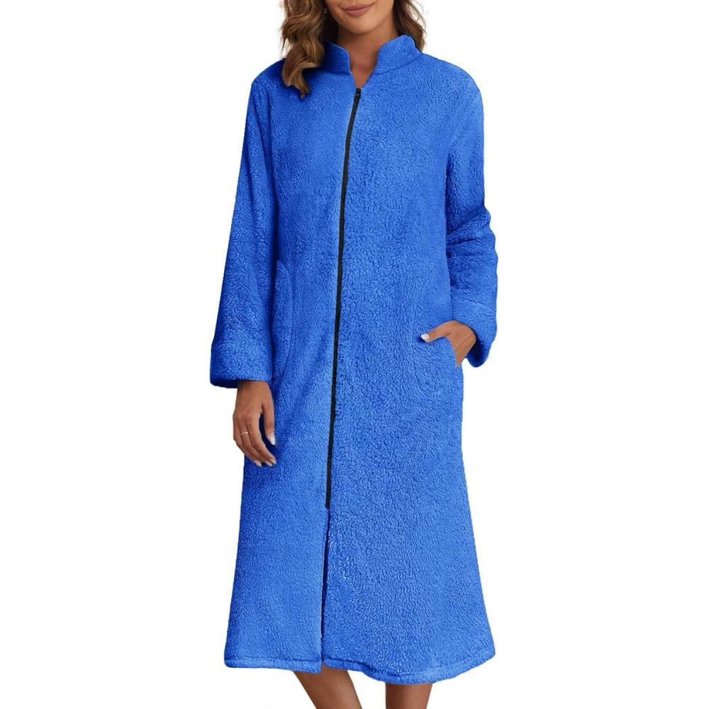 imageEkouaer Womens Zip Up Robe Fleece Bathrobe Long Zipper Lounger Warm Housecoat Long Sleeve Nightgown with Pockets SXXLRoyal Blue