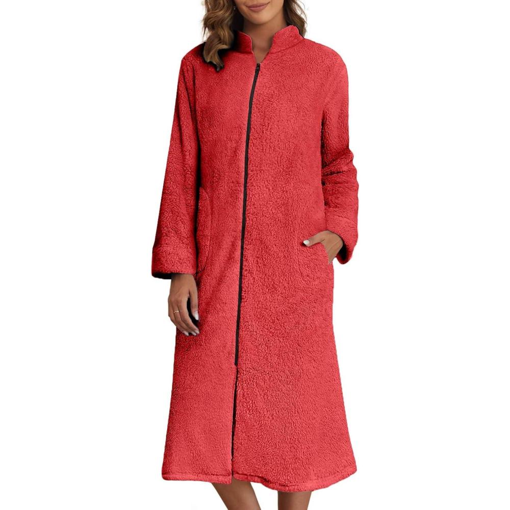 imageEkouaer Womens Zip Up Robe Fleece Bathrobe Long Zipper Lounger Warm Housecoat Long Sleeve Nightgown with Pockets SXXLStrong Red