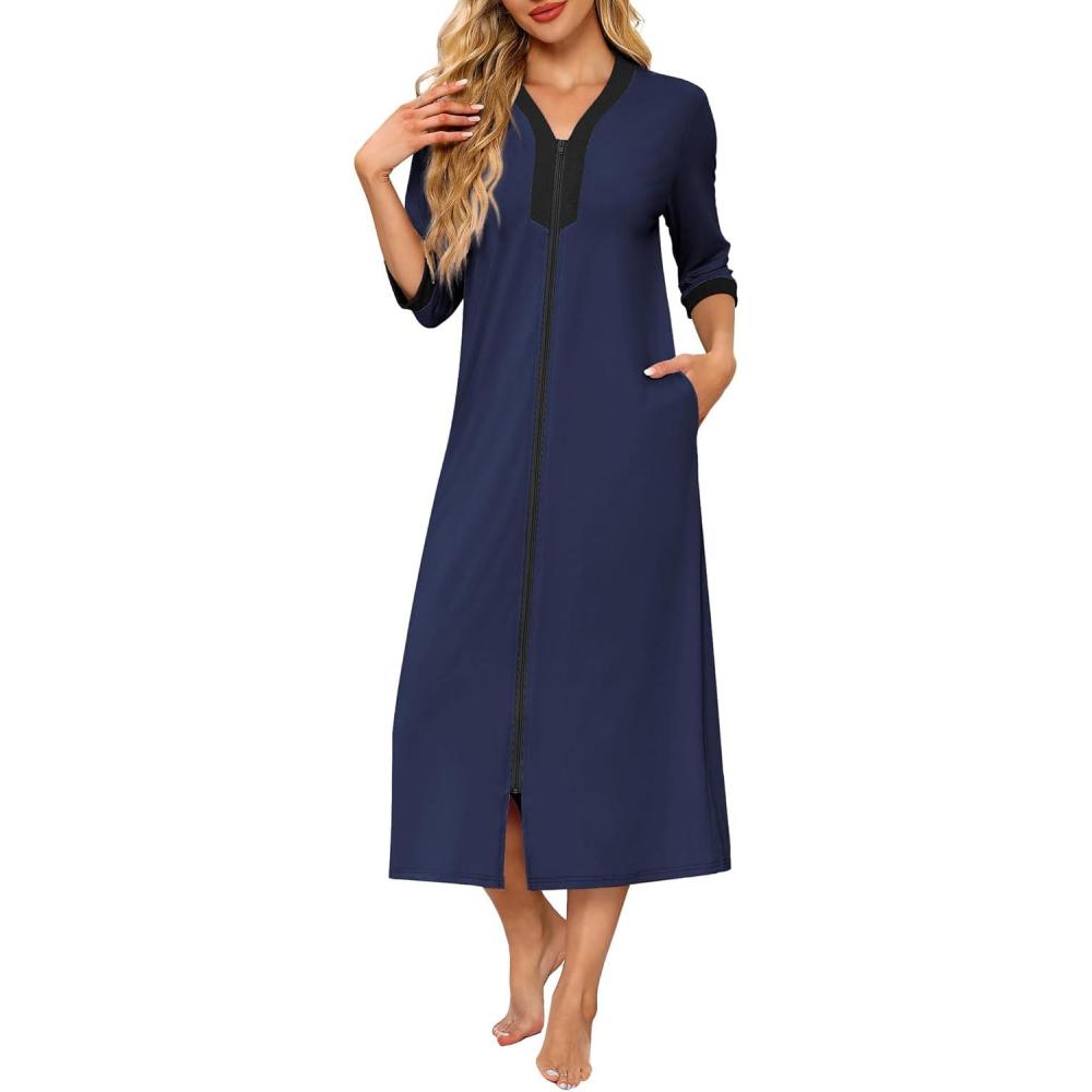 imageEkouaer Womens Zipper Robe 34 Sleeves Housecoat Full Length Nightgown Soft Loungewear Robe with Pockets S3XLNavy Blue