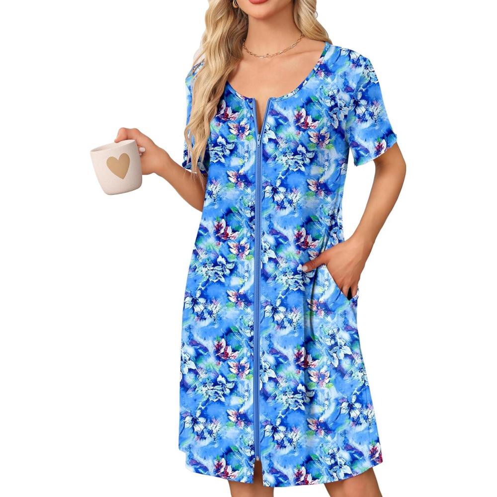 imageEkouaer Womens Zipper Robe Short Sleeve Bathrobes Summer Sleepwear Soft Housecoat with Pockets Zip Up House Robes S3XLAqua Multi