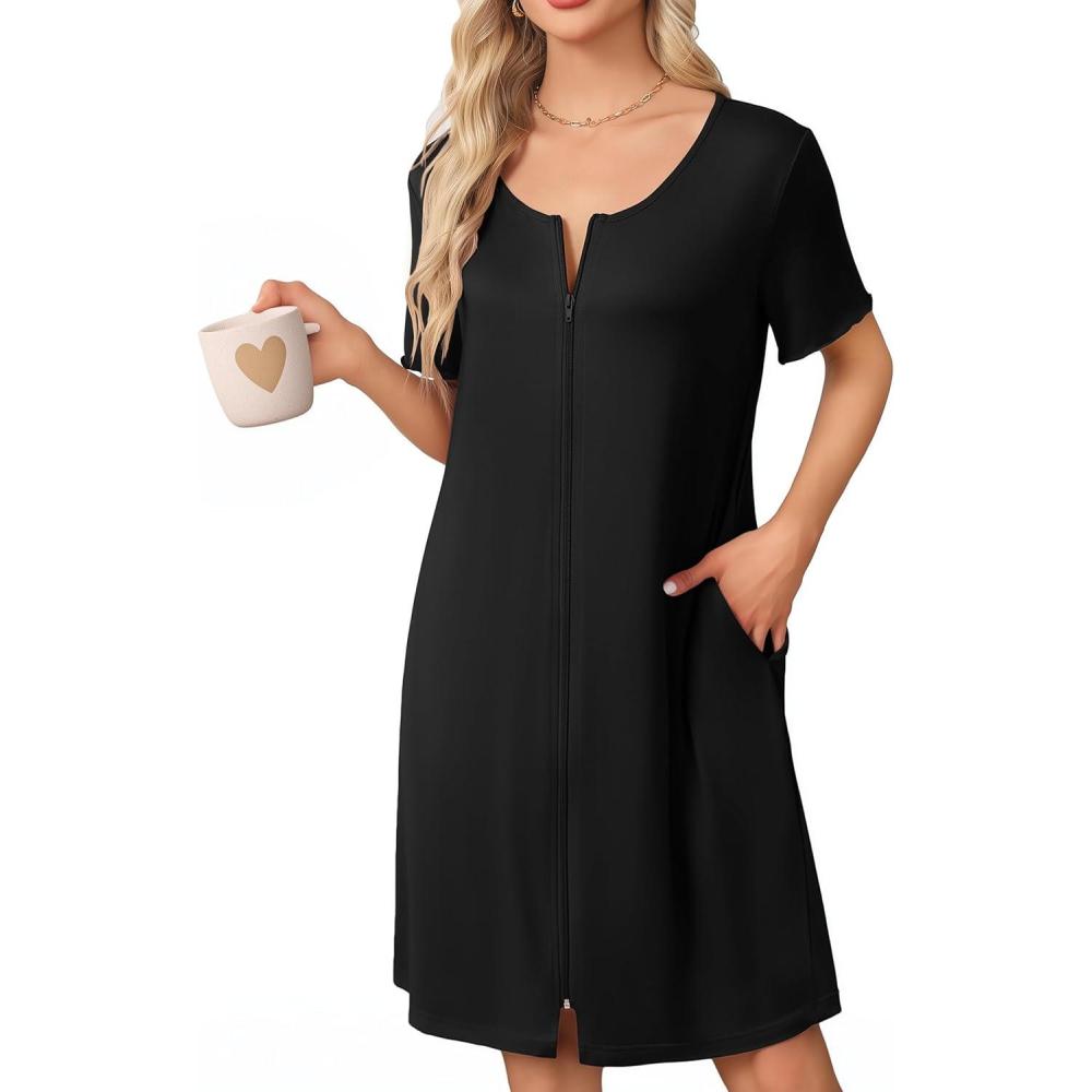 imageEkouaer Womens Zipper Robe Short Sleeve Bathrobes Summer Sleepwear Soft Housecoat with Pockets Zip Up House Robes S3XLBlack