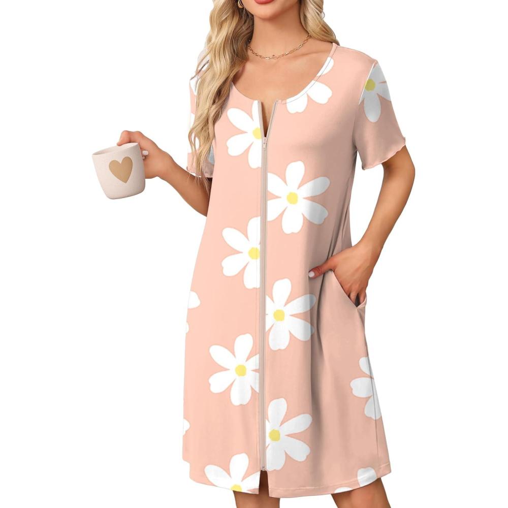imageEkouaer Womens Zipper Robe Short Sleeve Bathrobes Summer Sleepwear Soft Housecoat with Pockets Zip Up House Robes S3XLFloral Pink