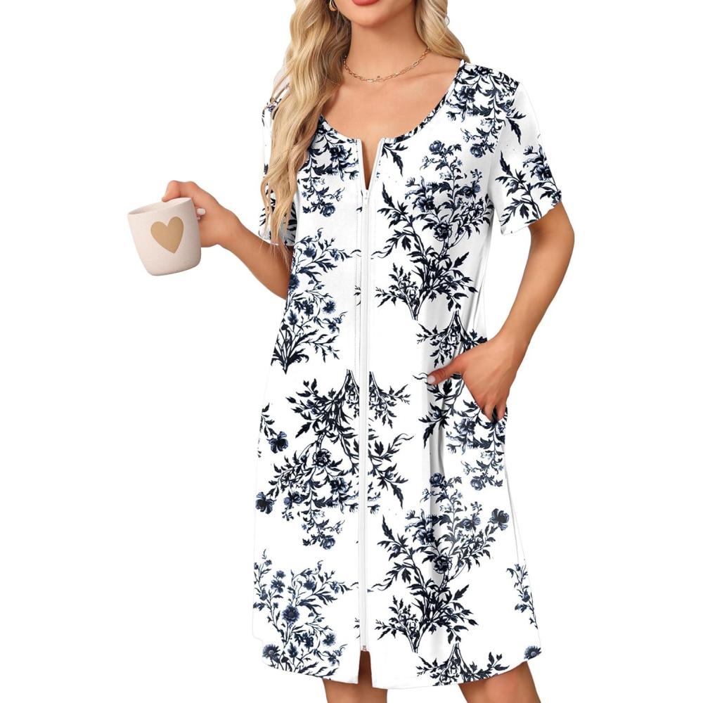 imageEkouaer Womens Zipper Robe Short Sleeve Bathrobes Summer Sleepwear Soft Housecoat with Pockets Zip Up House Robes S3XLFloral White