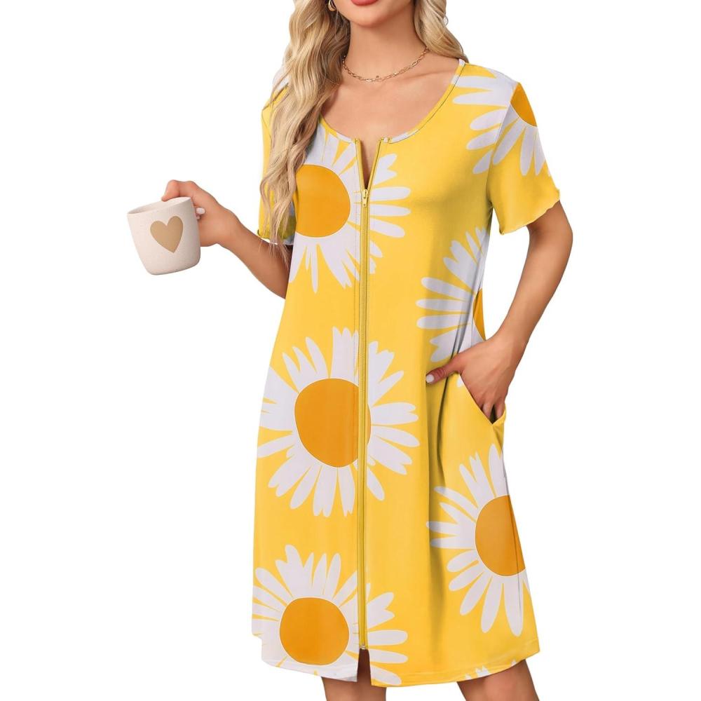 imageEkouaer Womens Zipper Robe Short Sleeve Bathrobes Summer Sleepwear Soft Housecoat with Pockets Zip Up House Robes S3XLFloral Yellow
