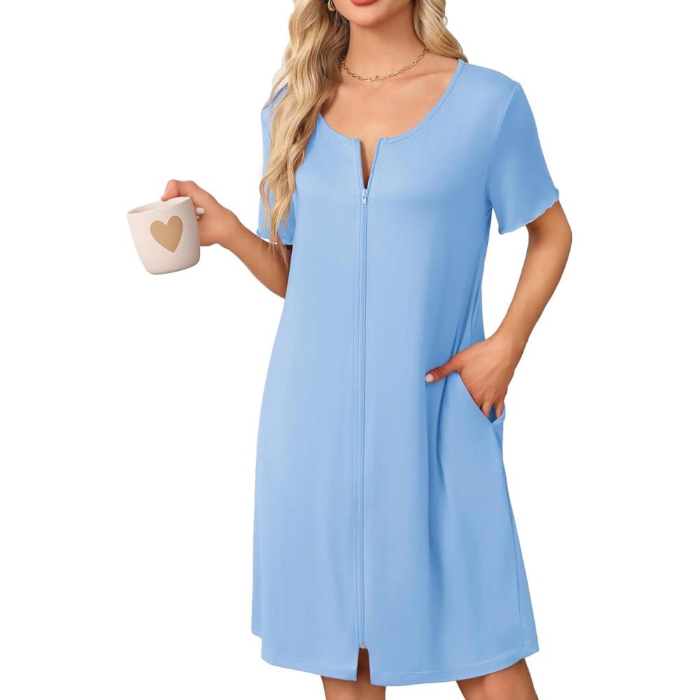 imageEkouaer Womens Zipper Robe Short Sleeve Bathrobes Summer Sleepwear Soft Housecoat with Pockets Zip Up House Robes S3XLLight Blue