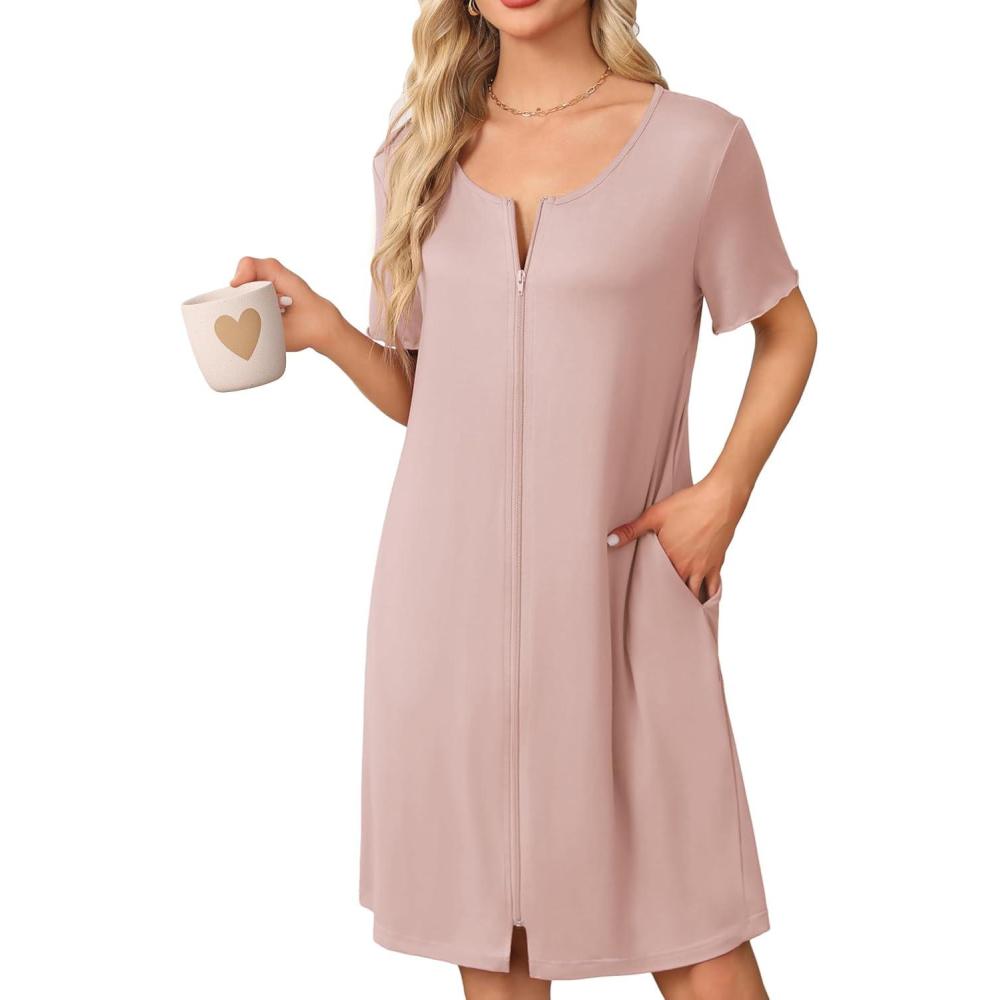 imageEkouaer Womens Zipper Robe Short Sleeve Bathrobes Summer Sleepwear Soft Housecoat with Pockets Zip Up House Robes S3XLMisty Rose