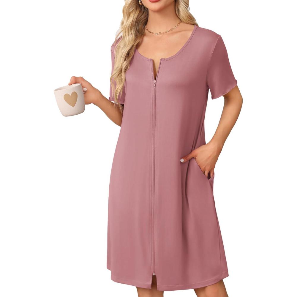 imageEkouaer Womens Zipper Robe Short Sleeve Bathrobes Summer Sleepwear Soft Housecoat with Pockets Zip Up House Robes S3XLPurplish Red