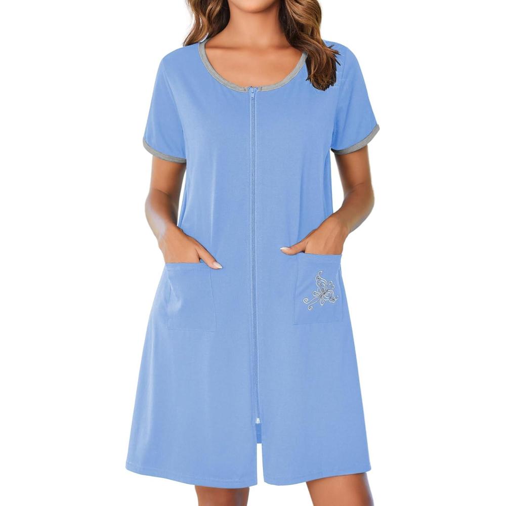 imageEkouaer Zip Up Robes for Women Short Sleeves Zipper House Coat Short Bathrobes Lightweight Nightgown with Pockets S3XLSky Blue