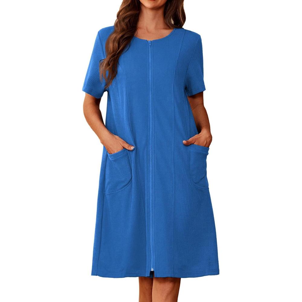 imageEkouaer Zipper Robes for Women Short Sleeve Waffle Knit Bathrobe Lightweight House Coat with Pockets Soft LoungwearAblue