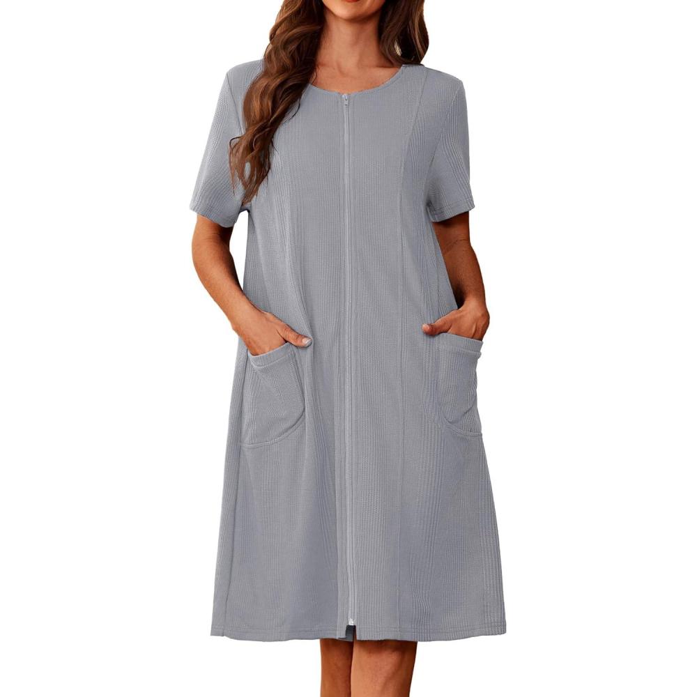 imageEkouaer Zipper Robes for Women Short Sleeve Waffle Knit Bathrobe Lightweight House Coat with Pockets Soft LoungwearAlight Gray