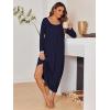 Ekouaer Long Nightgowns for Women Long Sleeve Sleepshirts Loungewear Casual Sleepwear Loose Sleep Dress with Pockets(Navy Blue)