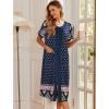 Ekouaer Robes For Women Zipper Front Bathrobe Short Sleeve House Coat Long Nightgown With Pockets Soft Loungewear(Navy Blue Ethnic Style)