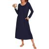 Ekouaer Long Nightgowns for Women Long Sleeve Sleepshirts Loungewear Casual Sleepwear Loose Sleep Dress with Pockets(Navy Blue)