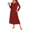 Ekouaer Long Nightgowns for Women Long Sleeve Sleepshirts Loungewear Casual Sleepwear Loose Sleep Dress with Pockets(Wine Red)