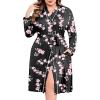 Ekouaer Plus Size Robes for Women Lightweight Bathrobe V Neck Kimono Loungewear Soft Maternity Robes with Pockets 1X-5X(Black/Peach Blossom)
