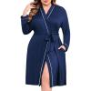 Ekouaer Plus Size Robes for Women Lightweight Bathrobe V Neck Kimono Loungewear Soft Maternity Robes with Pockets 1X-5X(Navy Blue)