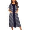 Ekouaer Robes For Women Zipper Front Bathrobe Short Sleeve House Coat Long Nightgown With Pockets Soft Loungewear(Navy Blue)