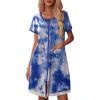 Ekouaer Womens Zipper Front Housecoats Short Sleeve Bathrobes Lace Trim Nightgown with Pockets(Blue White Tie Dye)