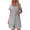 Ekouaer Womens Zipper Front Housecoats Short Sleeve Bathrobes Lace Trim Nightgown with Pockets(Light Gray)