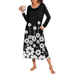 Ekouaer Long Nightgowns for Women Long Sleeve Sleepshirts Loungewear Casual Sleepwear Loose Sleep Dress with Pockets(Black/White Flowers)