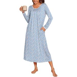 Ekouaer Long Nightgowns for Women Long Sleeve Sleepshirts Loungewear Casual Sleepwear Loose Sleep Dress with Pockets(Blue/Red Flowers)