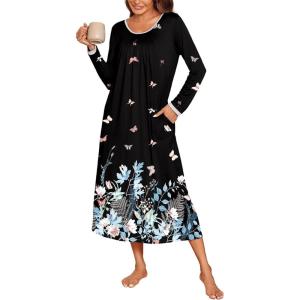 Ekouaer Long Nightgowns for Women Long Sleeve Sleepshirts Loungewear Casual Sleepwear Loose Sleep Dress with Pockets(Floral Butterfly)