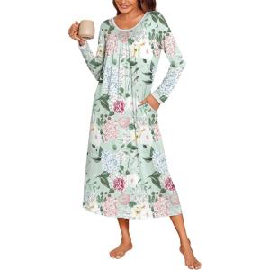 Ekouaer Long Nightgowns for Women Long Sleeve Sleepshirts Loungewear Casual Sleepwear Loose Sleep Dress with Pockets(Floral Green)