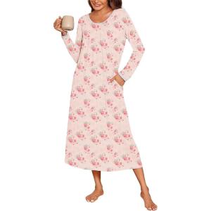Ekouaer Long Nightgowns for Women Long Sleeve Sleepshirts Loungewear Casual Sleepwear Loose Sleep Dress with Pockets(Floral Pink)