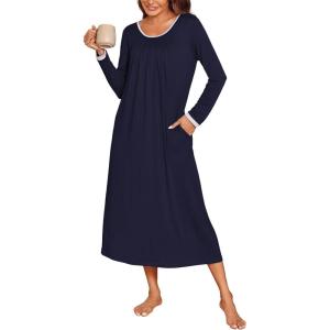 Ekouaer Long Nightgowns for Women Long Sleeve Sleepshirts Loungewear Casual Sleepwear Loose Sleep Dress with Pockets(Navy Blue)